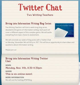 Let’s chat on Monday, November 9th at 8:30 p.m. EST, when the eight of us host a Twitter Chat about information writing. Just search and tag #TWTBlog to participate.